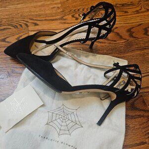 Charlotte Olympia Black Suede Spider Web d'Orsay Heels Shoes